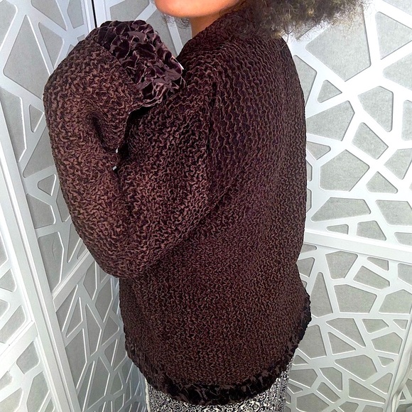 {Silkland} VTG Chocolate Brown Crinkle Knit Cardigan Jacket, Velvet Floral Trim - Picture 3 of 12